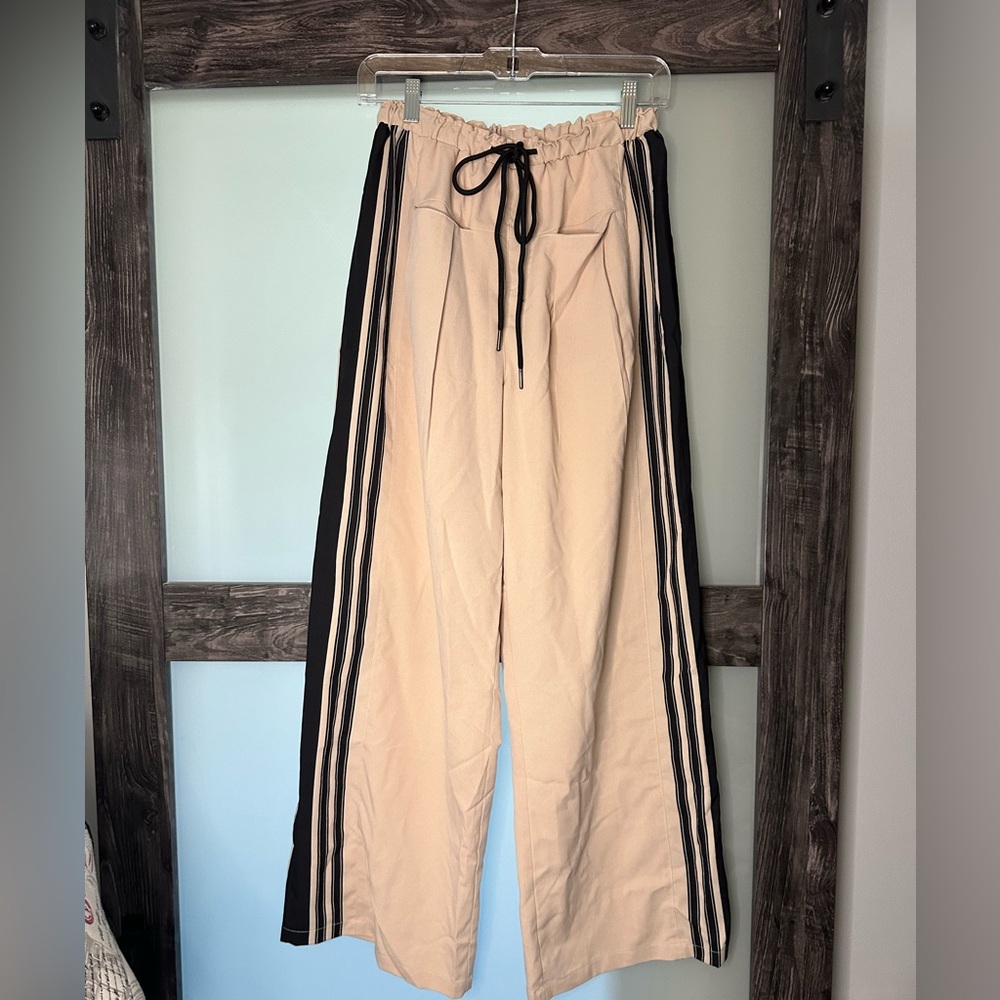 Beige Wide-Leg Pants with Black Stripes